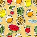 Seamless pattern with Summer seasonal fruit sticker set. Welcome summer text. Watermelon, pineapple, strawberry, lemon, orange Royalty Free Stock Photo