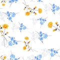 Seamless pattern of summer small yellow blue gray flowers on a white background. Watercolor