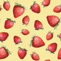 Seamless pattern - summer strawberry on yellow background. Watercolor art