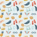 Seamless pattern with summer things and objects. beach accessories with bathing suit, flip flops and sunglasses. pattern for