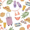 Seamless pattern with summer things and objects. beach accessories with bathing suit, flip flops and sunglasses. pattern for