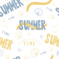 Seamless pattern Summer time. Decorative blue yellow lettering, seashells, sun and ribbons on white background. Vector Royalty Free Stock Photo