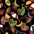 Seamless pattern summer vibes ,hand drawn beach elements such as sunglasses, palm leaves,banana, orange, umbrella,Design for Royalty Free Stock Photo