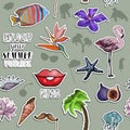 Seamless pattern with Summer voyage and traveling concept. Exotic animals and flowers sticker set Royalty Free Stock Photo