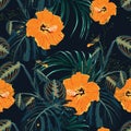 Seamless Pattern of Summery Tropical orange flowers and leaves, ideal for creating.