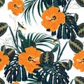 Seamless Pattern of Summery Tropical orange flowers and leaves, ideal for creating.