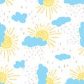 Seamless pattern of sun clouds colorful rain