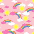 Seamless pattern with sun. clouds and rainbow. Wallpaper for children room