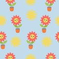 Seamless pattern sun and funny flowers in a pot from on blue background. Vector illustration for kids design, wrapping paper,