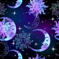 Seamless Pattern. Sun Moon And Stars. Space Background. Night Sky. A Magical Fairy Backdrop. Vector