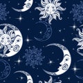 Seamless pattern. Sun moon and stars. Space background. Night sky. A magical fairy backdrop. Vector