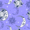 Seamless pattern. Sun moon and stars. Space background. Night sky. A magical fairy backdrop. Vector Royalty Free Stock Photo