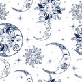 Seamless pattern. Sun moon and stars. Space background. Night sky. A magical fairy backdrop. Vector Royalty Free Stock Photo