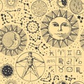 Seamless pattern with Sun, Moon, zodiac signs Royalty Free Stock Photo