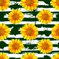 Seamless pattern with sunflowers on abstract green stripes and b
