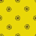 Seamless pattern sunflowers on bright yellow background. Beautiful texture with sunflower and leaves Royalty Free Stock Photo