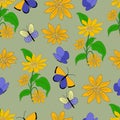 Seamless pattern sunflowers and butterflies