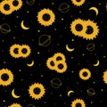 Seamless pattern with sunflowers, moon, planets and stars. Space, starry flowers on night sky Royalty Free Stock Photo