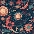 Seamless pattern with sunflowers and planets. Vector illustration