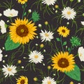 Seamless pattern with sunflowers and white chamomile flowers. Rustic floral background.