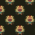 Seamless pattern of sunray, upsdell red, myrtle green, army green, fern green color designer ethic oriental style lotus .