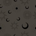 Seamless pattern with suns, moons and stars. Vector illustration. Royalty Free Stock Photo