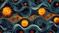 a seamless pattern with suns , moons , and swirls on a black background AIG50 Royalty Free Stock Photo