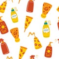 Seamless pattern with sunscreens. Sunscreen Moisturizer, Lotion, lipstick, sunscreen, various bottles, spray and tube. Sunblock,