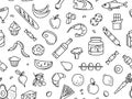 Seamless pattern supermarket grosery store food, drinks, vegetables, fruits, fish, meat, dairy, sweets