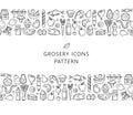 Seamless pattern supermarket grosery store food, drinks, vegetables, fruits, fish, meat, dairy, sweets Royalty Free Stock Photo