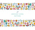 Seamless pattern supermarket grosery store food, drinks, vegetables, fruits, fish, meat, dairy, sweets