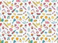 Seamless pattern supermarket grosery store food, drinks, vegetables, fruits, fish, meat, dairy, sweets