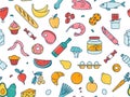 Seamless pattern supermarket grosery store food, drinks, vegetables, fruits, fish, meat, dairy, sweets