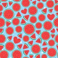 Seamless pattern surface design. Vector illustration on blue water texture background. Watermelon pieces Royalty Free Stock Photo