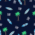 Seamless pattern of surfboards and palm trees