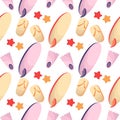 Seamless pattern of surfing, frogshoe and beach sandals Royalty Free Stock Photo