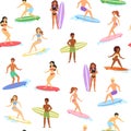 Seamless pattern surfing, sport board, vacation sea, extreme background, wave outdoors, design, cartoon style vector