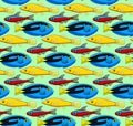 Seamless pattern with Surgeonfishes, Bloodfin tetra and Chinese Algae Eater fishes Royalty Free Stock Photo