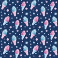 Seamless pattern with surreal unicorn which emerge from ice cream cone.