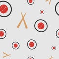 Seamless pattern with sushi and chopsticks holding.