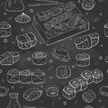 Seamless pattern with sushi collection on black background