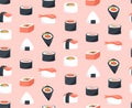 Seamless pattern with sushi design. Cute vector illustrations