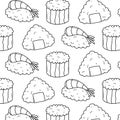 Seamless pattern with sushi in doodle style. Sushi in line style. Cute doodler rolls.