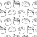 Seamless pattern with sushi in doodle style. Sushi in line style. Cute doodler rolls.