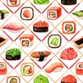 Seamless pattern with sushi, ginger, chopsticks and rolls Royalty Free Stock Photo