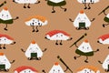 Seamless pattern of sushi and onigiri. Diverse Asian cuisine with kawaii emotions. Vector illustration in cartoon style