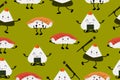 Seamless pattern of sushi and onigiri. Diverse Asian cuisine with kawaii emotions. Vector illustration in cartoon style