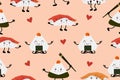 Seamless pattern of sushi and onigiri. Diverse Asian cuisine with kawaii emotions. Vector illustration in cartoon style