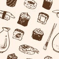 Seamless pattern Sushi rolls and japanese seafood l with salmon, smoked eel, selective food vector. Royalty Free Stock Photo