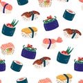 Seamless pattern with sushi and rolls. seafood illustration, philadelphia, maki and nigiri, yummi japanese food with salmon and